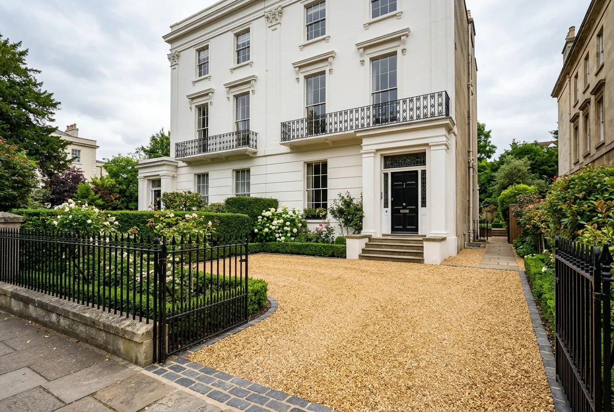 White stucco Regency townhouse in Cheltenham with a new golden gravel drive