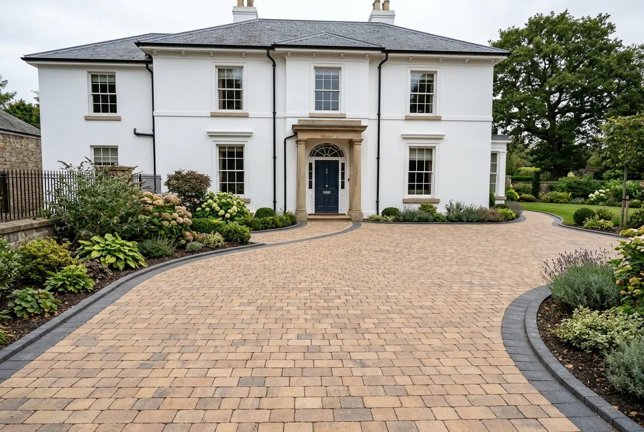 Buff and brindle sett block paving before a white stucco Regency villa