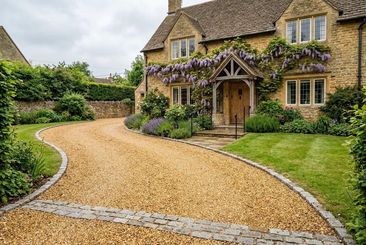 Golden gravel sweep with sett edging before a Cotswold stone cottage with wisteria