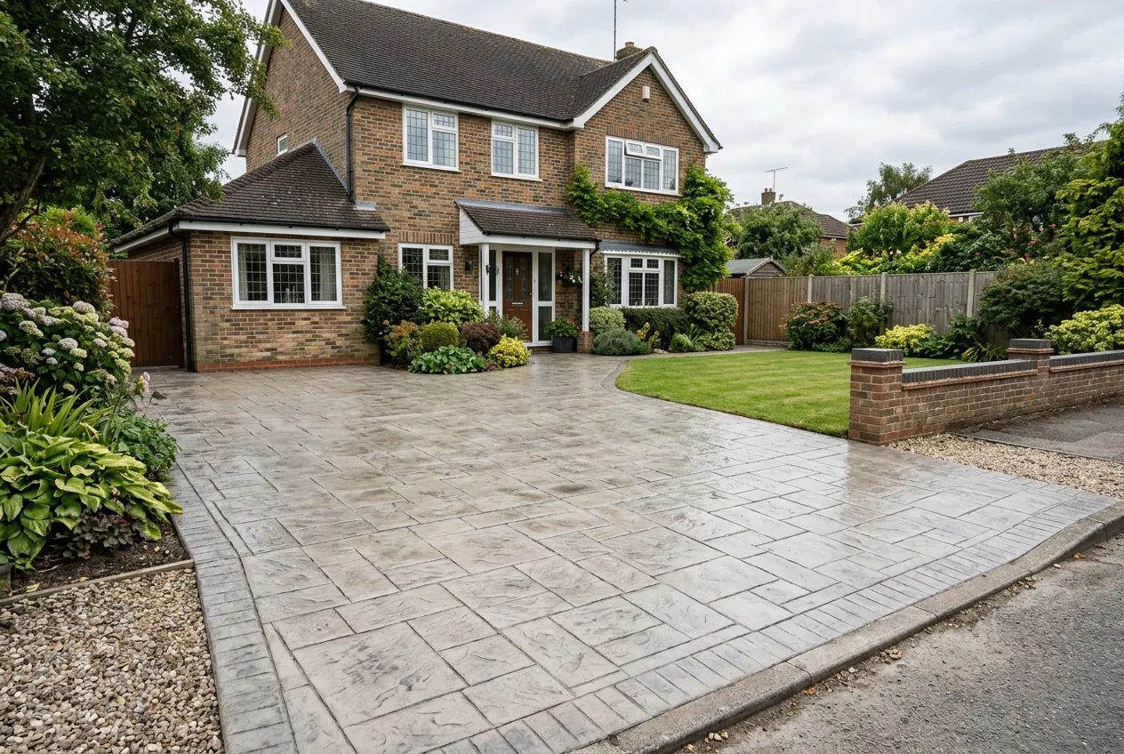Grey-buff ashlar slate imprinted concrete driveway before a suburban detached house
