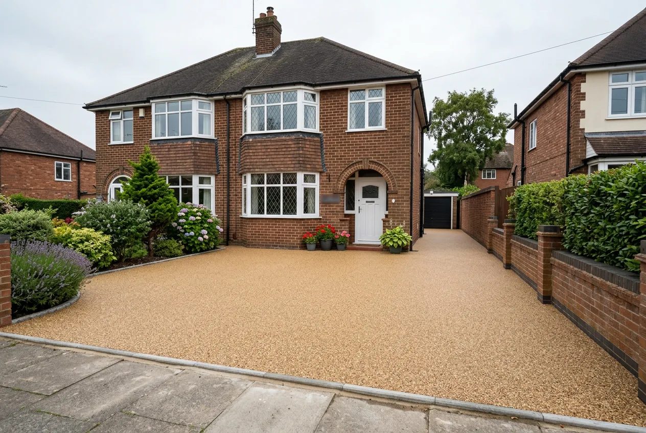 Natural golden resin bound driveway before a 1930s brick semi
