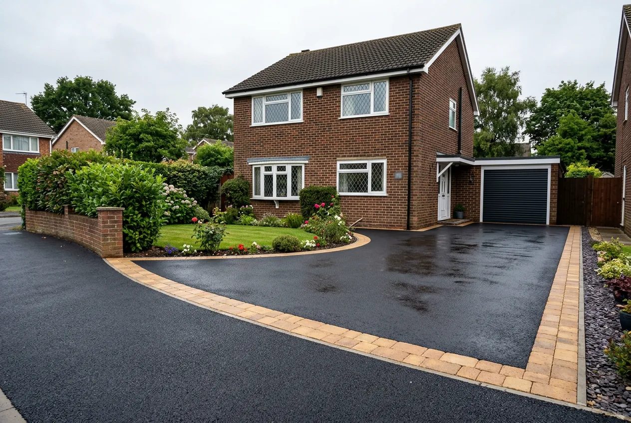 Fresh black tarmac driveway with buff block edging before a 1960s detached house